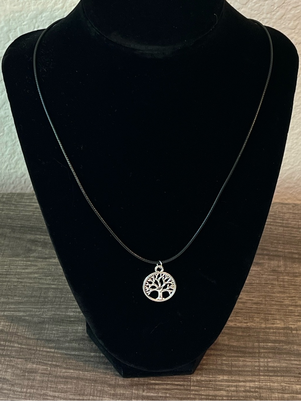 Silver Tree of Life Pendant Necklace in Black Cord